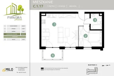 Rzut - Mieszkanie na sprzedaż 2 pokoje o powierzchni 40,73 m² - numer C.1.17 w Parkowa Aura