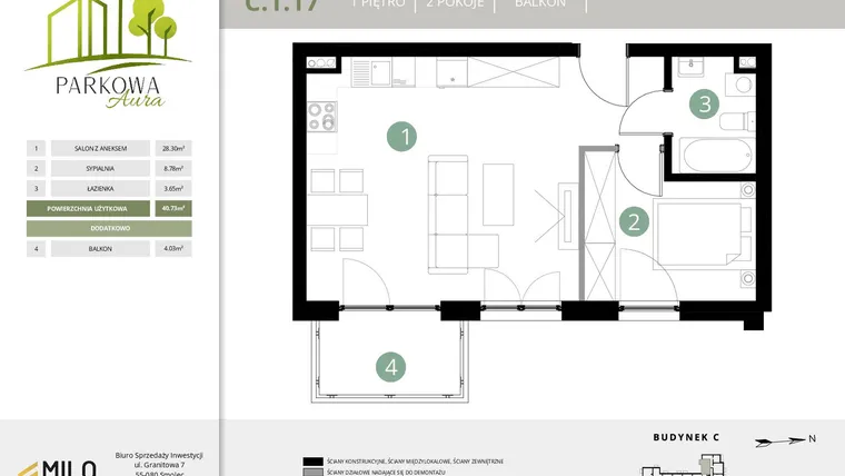 Rzut - Mieszkanie na sprzedaż 2 pokoje o powierzchni 40,73 m² - numer C.1.17 w Parkowa Aura