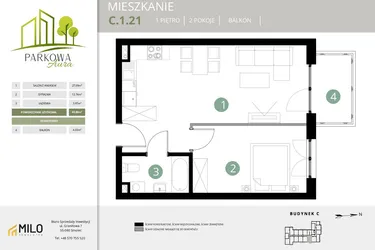 Rzut - Mieszkanie na sprzedaż 2 pokoje o powierzchni 43,8 m² - numer C.1.21 w Parkowa Aura