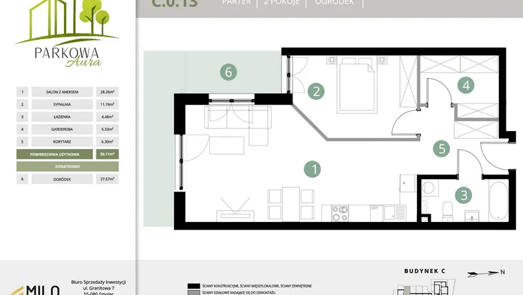 Rzut - Mieszkanie na sprzedaż 2 pokoje o powierzchni 56,11 m² - numer C.0.13 w Parkowa Aura