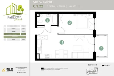 Rzut - Mieszkanie na sprzedaż 2 pokoje o powierzchni 43,8 m² - numer C.1.22 w Parkowa Aura