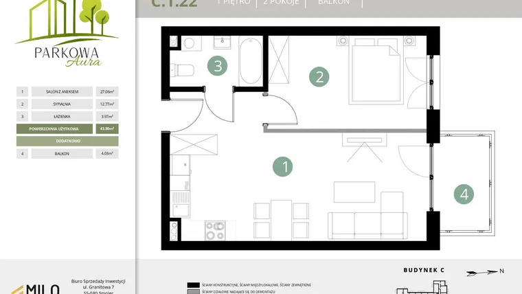 Rzut - Mieszkanie na sprzedaż 2 pokoje o powierzchni 43,8 m² - numer C.1.22 w Parkowa Aura