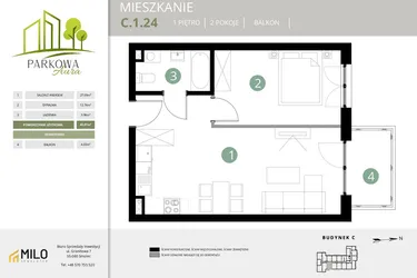 Rzut - Mieszkanie na sprzedaż 2 pokoje o powierzchni 43,81 m² - numer C.1.24 w Parkowa Aura