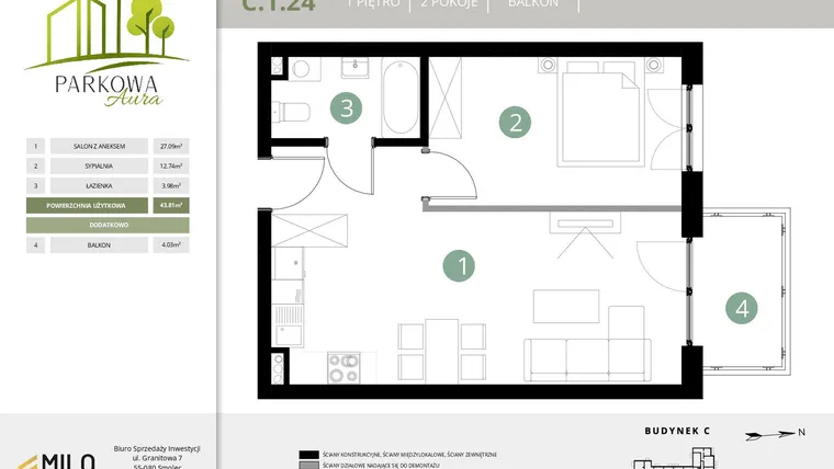 Rzut - Mieszkanie na sprzedaż 2 pokoje o powierzchni 43,81 m² - numer C.1.24 w Parkowa Aura
