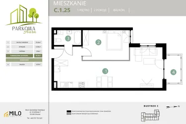 Rzut - Mieszkanie na sprzedaż 2 pokoje o powierzchni 55,75 m² - numer C.1.25 w Parkowa Aura