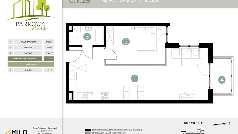 Rzut - Mieszkanie na sprzedaż 2 pokoje o powierzchni 55,75 m² - numer C.1.25 w Parkowa Aura