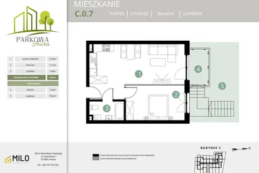 Rzut - Mieszkanie na sprzedaż 2 pokoje o powierzchni 43,81 m² - numer C.0.7 w Parkowa Aura
