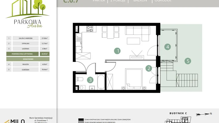 Rzut - Mieszkanie na sprzedaż 2 pokoje o powierzchni 43,81 m² - numer C.0.7 w Parkowa Aura
