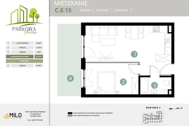 Rzut - Mieszkanie na sprzedaż 2 pokoje o powierzchni 43,81 m² - numer C.0.15 w Parkowa Aura
