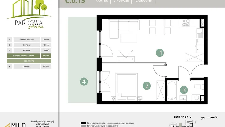 Rzut - Mieszkanie na sprzedaż 2 pokoje o powierzchni 43,81 m² - numer C.0.15 w Parkowa Aura