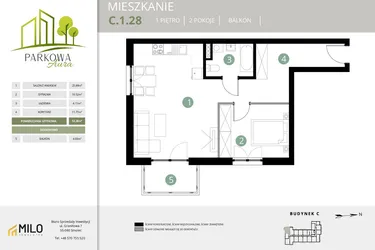 Rzut - Mieszkanie na sprzedaż 2 pokoje o powierzchni 52,28 m² - numer C.1.28 w Parkowa Aura