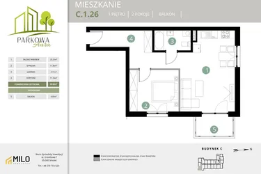 Rzut - Mieszkanie na sprzedaż 2 pokoje o powierzchni 50,02 m² - numer C.1.26 w Parkowa Aura