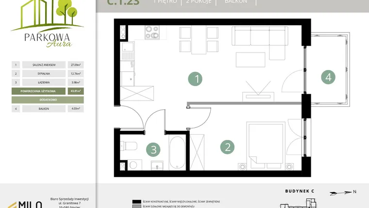Rzut - Mieszkanie na sprzedaż 2 pokoje o powierzchni 43,81 m² - numer C.1.23 w Parkowa Aura