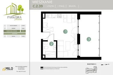 Rzut - Mieszkanie na sprzedaż 1 pokój o powierzchni 27,07 m² - numer C.2.39 w Parkowa Aura