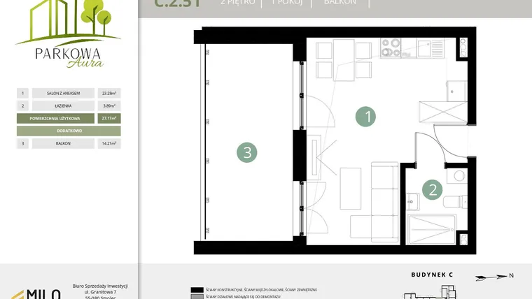 Rzut - Mieszkanie na sprzedaż 1 pokój o powierzchni 27,17 m² - numer C.2.51 w Parkowa Aura