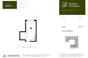 Rzut - Mieszkanie na sprzedaż 1 pokój o powierzchni 26,49 m² - numer 2.A.1.02 w Murapol Stoczniova bud. 2