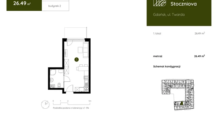 Rzut - Mieszkanie na sprzedaż 1 pokój o powierzchni 26,49 m² - numer 2.A.1.02 w Murapol Stoczniova bud. 2