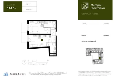 Rzut - Mieszkanie na sprzedaż 1 pokój o powierzchni 43,37 m² - numer 2.B.1.01 w Murapol Stoczniova bud. 2