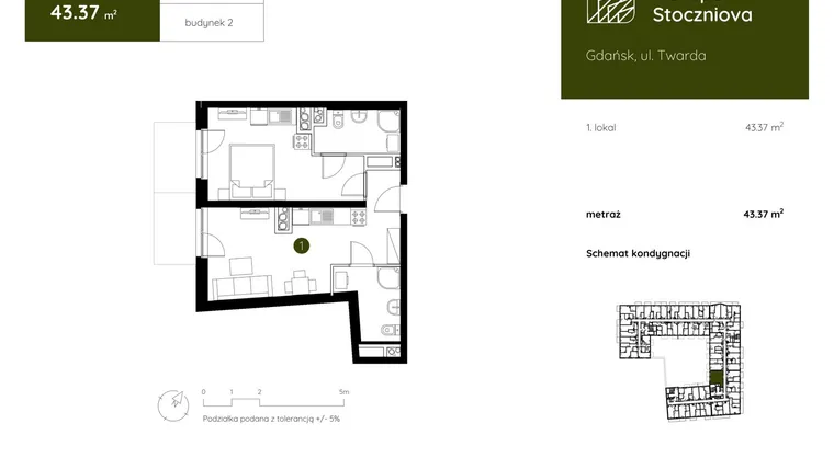 Rzut - Mieszkanie na sprzedaż 1 pokój o powierzchni 43,37 m² - numer 2.B.1.01 w Murapol Stoczniova bud. 2