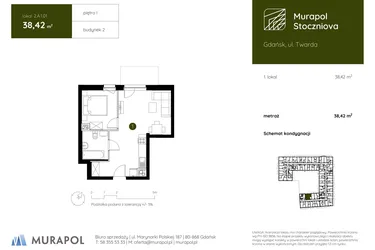 Rzut - Mieszkanie na sprzedaż 1 pokój o powierzchni 38,42 m² - numer 2.A.1.01 w Murapol Stoczniova bud. 2