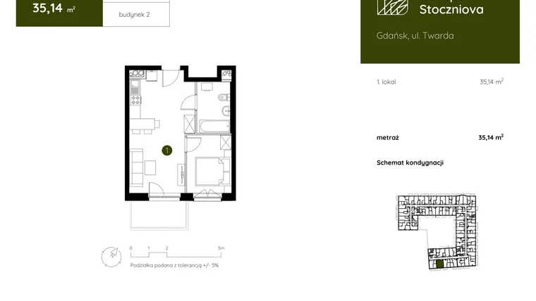 Rzut - Mieszkanie na sprzedaż 1 pokój o powierzchni 35,14 m² - numer 2.A.1.04 w Murapol Stoczniova bud. 2