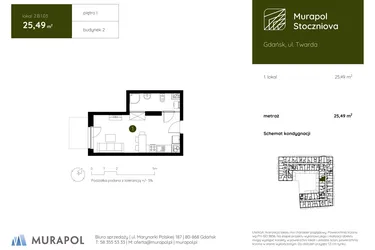 Rzut - Mieszkanie na sprzedaż 1 pokój o powierzchni 25,49 m² - numer 2.B.1.03 w Murapol Stoczniova bud. 2