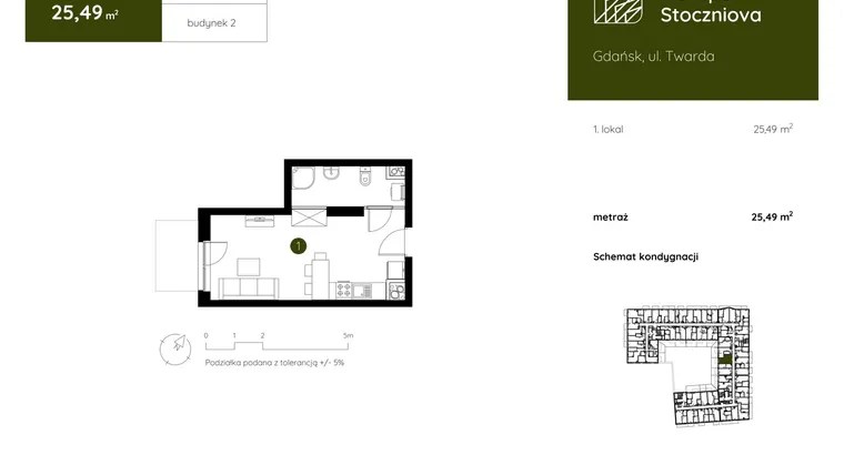 Rzut - Mieszkanie na sprzedaż 1 pokój o powierzchni 25,49 m² - numer 2.B.1.03 w Murapol Stoczniova bud. 2