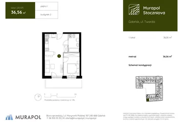 Rzut - Mieszkanie na sprzedaż 1 pokój o powierzchni 36,56 m² - numer 2.A.1.05 w Murapol Stoczniova bud. 2