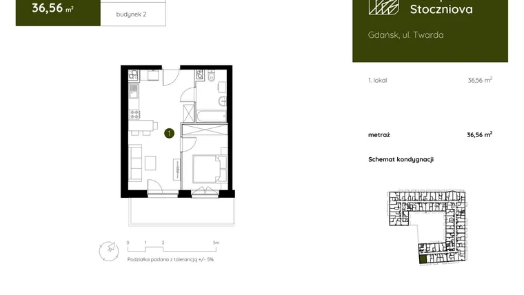 Rzut - Mieszkanie na sprzedaż 1 pokój o powierzchni 36,56 m² - numer 2.A.1.05 w Murapol Stoczniova bud. 2