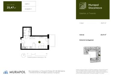Rzut - Mieszkanie na sprzedaż 1 pokój o powierzchni 25,47 m² - numer 2.B.1.05 w Murapol Stoczniova bud. 2