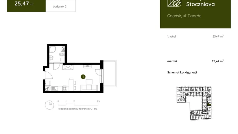 Rzut - Mieszkanie na sprzedaż 1 pokój o powierzchni 25,47 m² - numer 2.B.1.05 w Murapol Stoczniova bud. 2