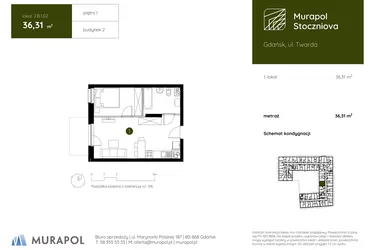Rzut - Mieszkanie na sprzedaż 1 pokój o powierzchni 36,31 m² - numer 2.B.1.02 w Murapol Stoczniova bud. 2