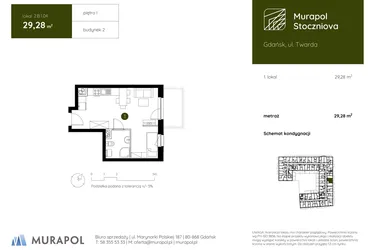 Rzut - Mieszkanie na sprzedaż 1 pokój o powierzchni 29,28 m² - numer 2.B.1.04 w Murapol Stoczniova bud. 2