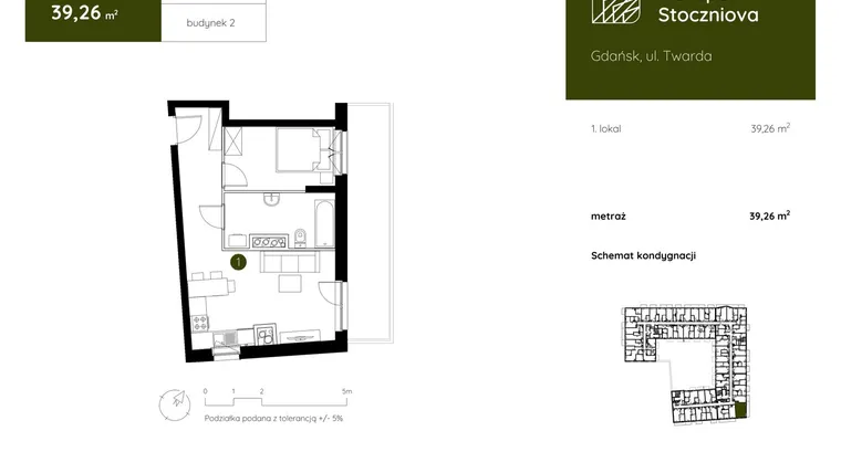Rzut - Mieszkanie na sprzedaż 1 pokój o powierzchni 39,26 m² - numer 2.B.1.09 w Murapol Stoczniova bud. 2