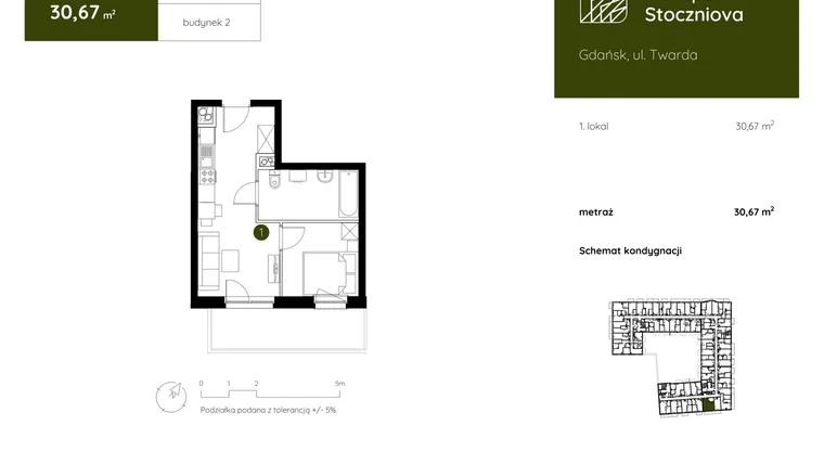 Rzut - Mieszkanie na sprzedaż 1 pokój o powierzchni 30,67 m² - numer 2.B.1.11 w Murapol Stoczniova bud. 2