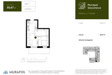 Rzut - Mieszkanie na sprzedaż 1 pokój o powierzchni 30,67 m² - numer 2.B.1.11 w Murapol Stoczniova bud. 2