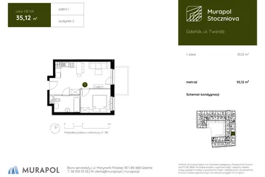 Rzut - Mieszkanie na sprzedaż 1 pokój o powierzchni 35,12 m² - numer 2.B.1.06 w Murapol Stoczniova bud. 2