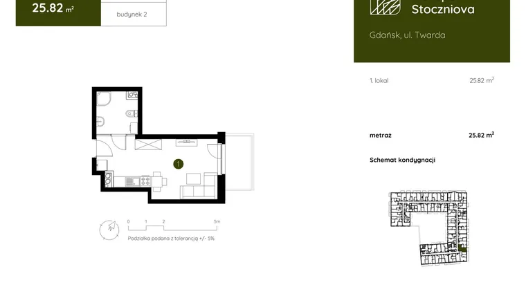 Rzut - Mieszkanie na sprzedaż 1 pokój o powierzchni 25,82 m² - numer 2.B.1.08 w Murapol Stoczniova bud. 2
