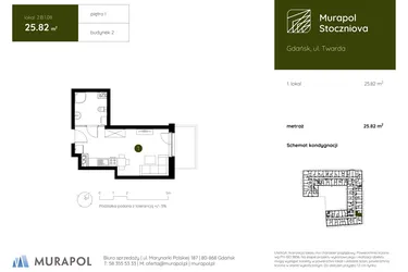 Rzut - Mieszkanie na sprzedaż 1 pokój o powierzchni 25,82 m² - numer 2.B.1.08 w Murapol Stoczniova bud. 2