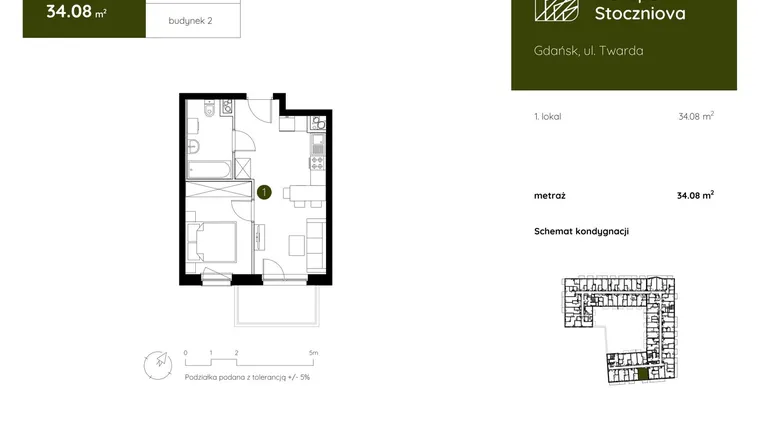 Rzut - Mieszkanie na sprzedaż 1 pokój o powierzchni 34,08 m² - numer 2.B.1.12 w Murapol Stoczniova bud. 2