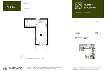 Rzut - Mieszkanie na sprzedaż 1 pokój o powierzchni 26,85 m² - numer 2.B.1.10 w Murapol Stoczniova bud. 2