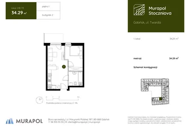 Rzut - Mieszkanie na sprzedaż 1 pokój o powierzchni 34,29 m² - numer 2.B.1.13 w Murapol Stoczniova bud. 2