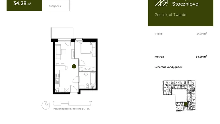 Rzut - Mieszkanie na sprzedaż 1 pokój o powierzchni 34,29 m² - numer 2.B.1.13 w Murapol Stoczniova bud. 2