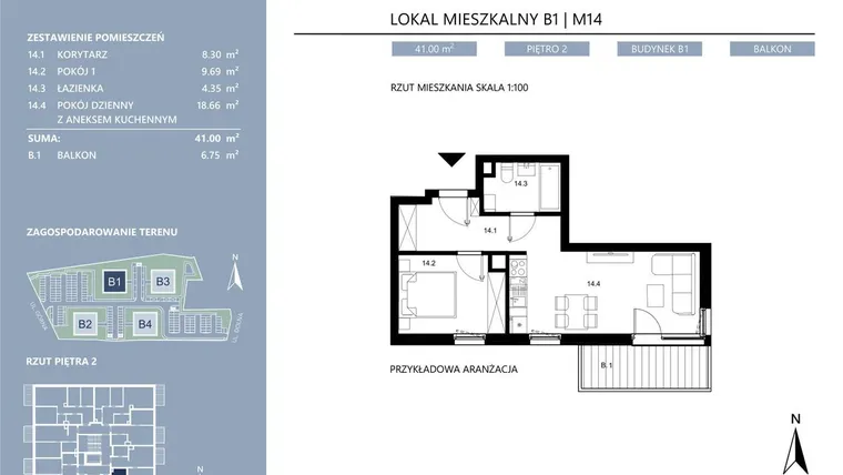 Rzut - Mieszkanie na sprzedaż 2 pokoje o powierzchni 41 m² - numer B1.14 w Area Park etap II