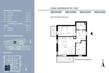 Rzut - Mieszkanie na sprzedaż 3 pokoje o powierzchni 56,9 m² - numer B1.22 w Area Park etap II