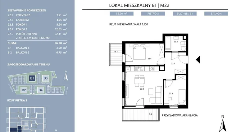 Rzut - Mieszkanie na sprzedaż 3 pokoje o powierzchni 56,9 m² - numer B1.22 w Area Park etap II