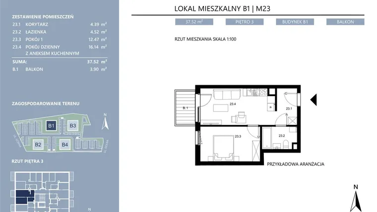 Rzut - Mieszkanie na sprzedaż 2 pokoje o powierzchni 37,23 m² - numer B1.23 w Area Park etap II