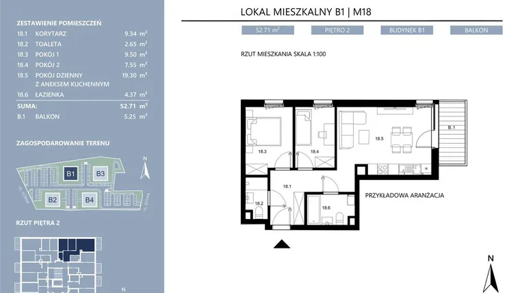 Rzut - Mieszkanie na sprzedaż 3 pokoje o powierzchni 52,71 m² - numer B1.18 w Area Park etap II