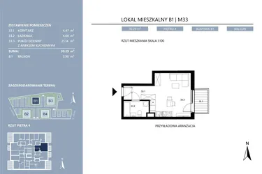 Rzut - Mieszkanie na sprzedaż 1 pokój o powierzchni 30,29 m² - numer B1.33 w Area Park etap II
