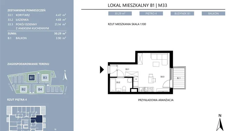 Rzut - Mieszkanie na sprzedaż 1 pokój o powierzchni 30,29 m² - numer B1.33 w Area Park etap II
